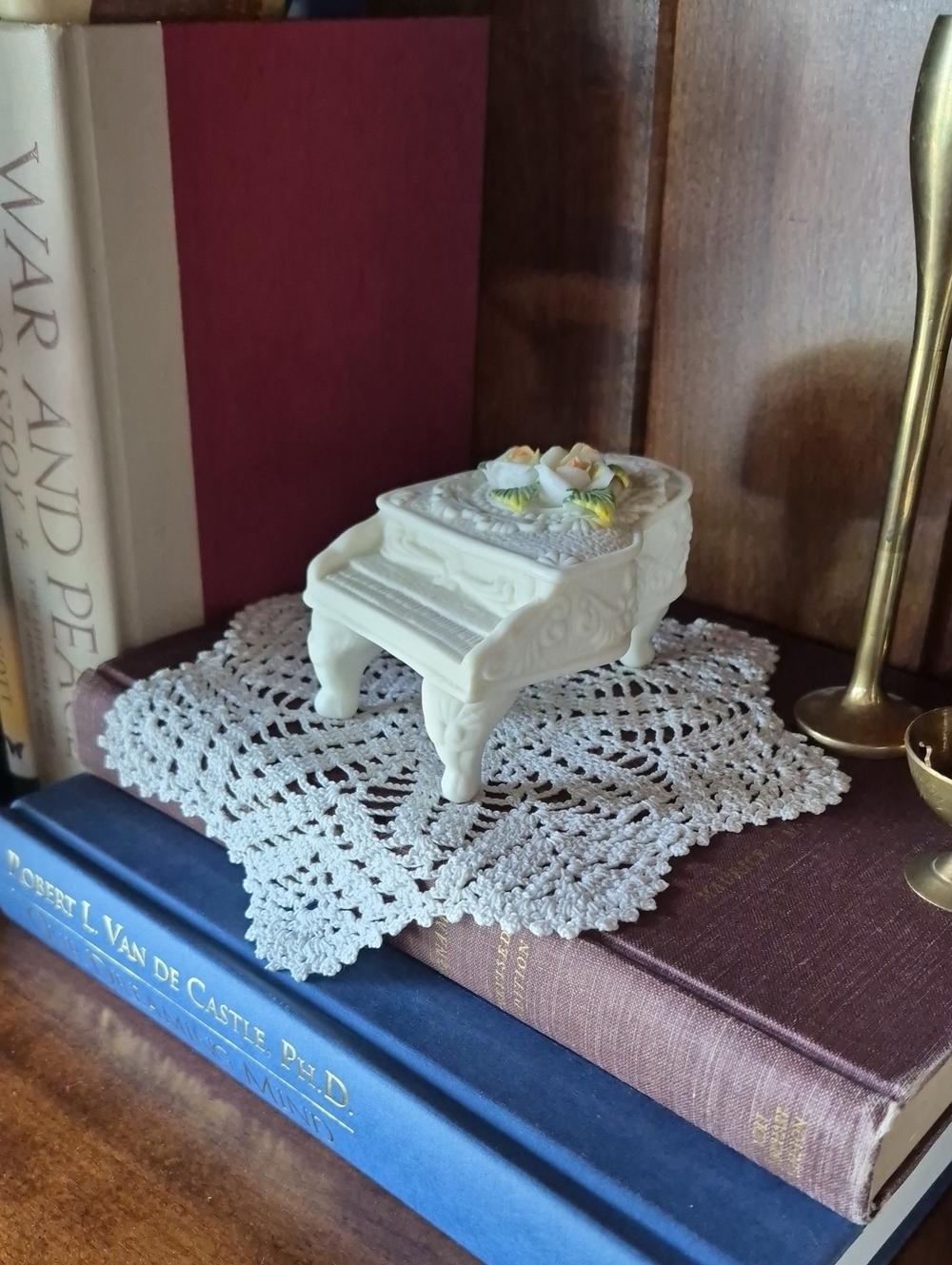 Vintage White Porcelain Piano Trinket Box with Floral Accent